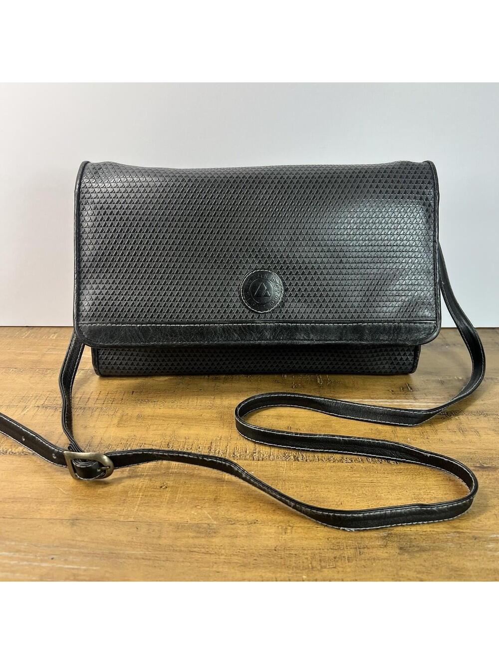Vintage 1983 Liz Claiborne Black Crossbody Geometric Bag Textured Flap Purse